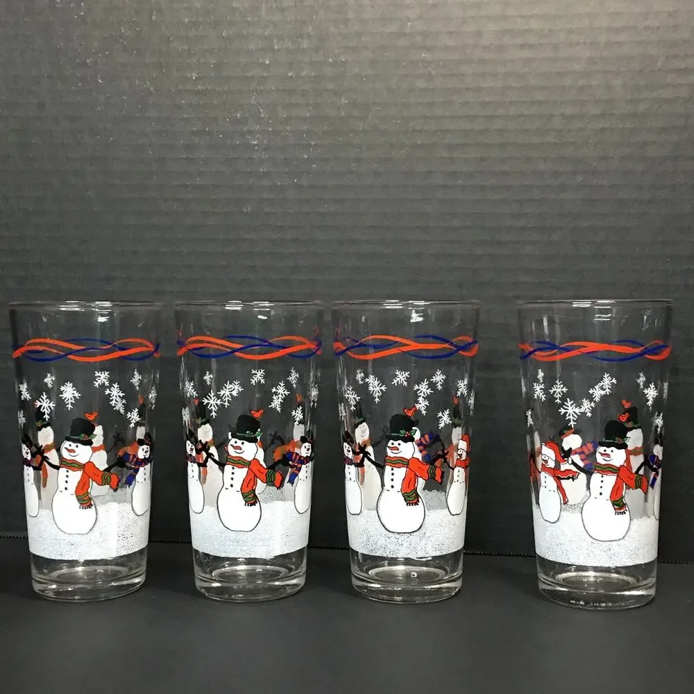 KIG Set of 4 Vintage Snowman Tea Water Drinking Glasses Tumblers Barware